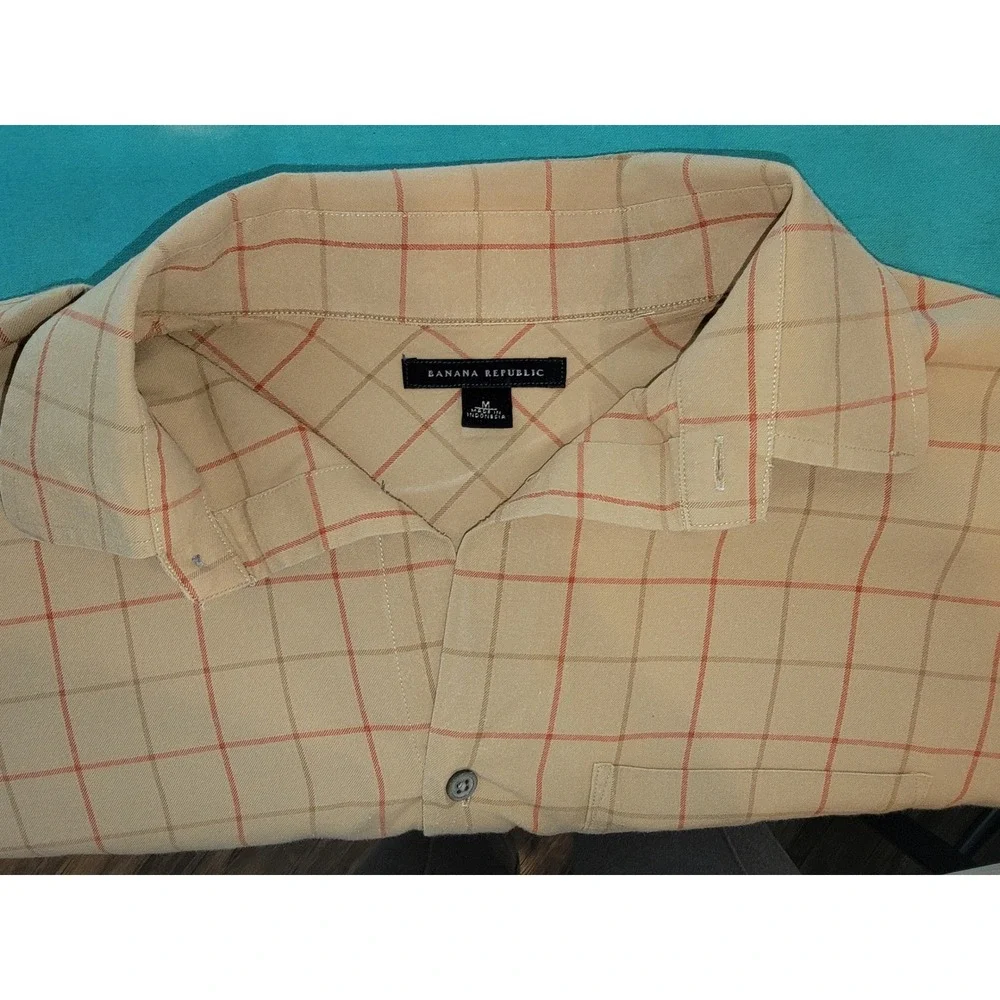 Banana Republic Mens Tan Red Windowpane Plaid Button Down Shirt Size M